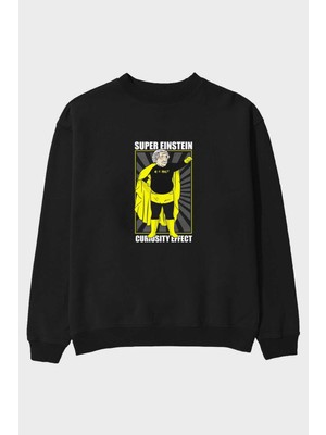 Ankhises Super Einsten Ön Baskılı Siyah Oversize Sweatshirt Erkek Kadın Bisiklet Yaka