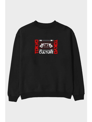 Ankhises Tokyo Live A Luxury Culture Ön Baskılı Siyah Oversize Sweatshirt Erkek Kadın Bisiklet Yaka