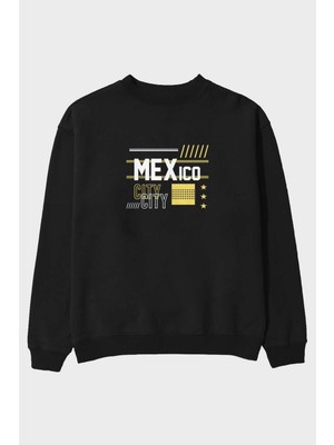 Ankhises Mexico City Ön Baskılı Siyah Oversize Sweatshirt Erkek Kadın Bisiklet Yaka