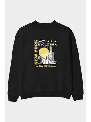 Ankhises New York 3 Ön Baskılı Siyah Oversize Sweatshirt Erkek Kadın Bisiklet Yaka