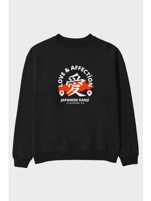 Ankhises Love Affection Japanese Ön Baskılı Siyah Oversize Sweatshirt Erkek Kadın Bisiklet Yaka