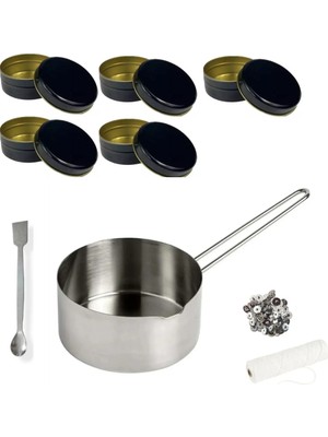 Yılbaşı Mum Yapım Seti Mum Eritme Kabı 1000 ml Karıştırma Kaşığı Fitil Tutacağı Mum Kabı 5li Siyah