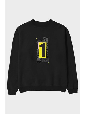 Ankhises Number 1 Yazılı Ön Baskılı Siyah Oversize Sweatshirt Erkek Kadın Bisiklet Yaka