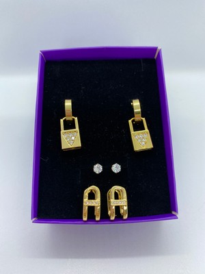 Lucky Be Collection Lucky B&e Üçlü Set Çelik Küpe Gold (Kalp Kilit- Yarım Daire-Tek Taş)