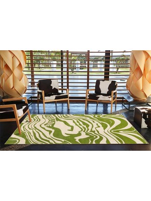 Rugs Modern Yeşil Krem Yazılı Dalgalı Desenli Modern Dekoratif Halı MIRAVIP475