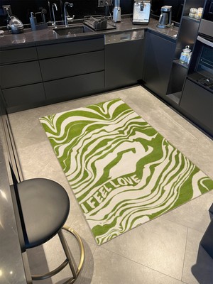 Rugs Modern Yeşil Krem Yazılı Dalgalı Desenli Modern Dekoratif Halı MIRAVIP475