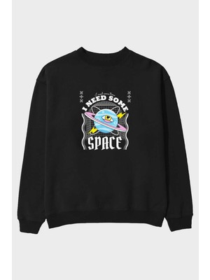 Ankhises I Need Some Space Ön Baskılı Siyah Oversize Sweatshirt Erkek Kadın Bisiklet Yaka