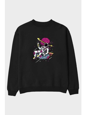 Ankhises Astronaut Beer Ön Baskılı Siyah Oversize Sweatshirt Erkek Kadın Bisiklet Yaka