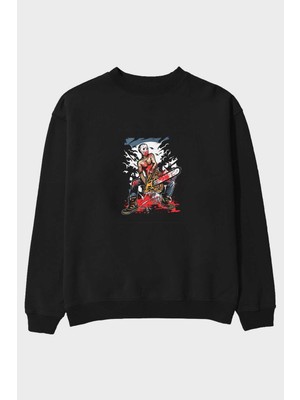 Ankhises Chainsaw Killer Ön Baskılı Siyah Oversize Sweatshirt Erkek Kadın Bisiklet Yaka