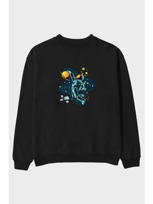 Ankhises Astronot Basketbol Ön Baskılı Siyah Oversize Sweatshirt Erkek Kadın Bisiklet Yaka