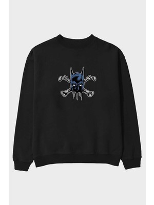 Ankhises Batbones Ön Baskılı Siyah Oversize Sweatshirt Erkek Kadın Bisiklet Yaka