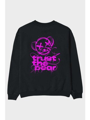 Ankhises Trust The Bear 2 Arka Baskılı Siyah Oversize Sweatshirt Erkek Kadın Bisiklet Yaka