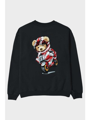 Ankhises Teddy Bear Racer Arka Baskılı Siyah Oversize Sweatshirt Erkek Kadın Bisiklet Yaka