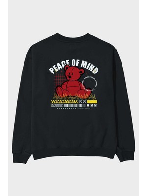 Ankhises Teddy Bear Peace Of Mind Arka Baskılı Siyah Oversize Sweatshirt Erkek Kadın Bisiklet Yaka