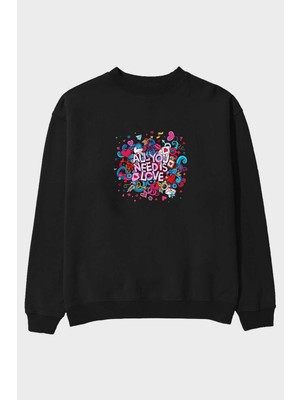 Ankhises Cute Fun Colorful Heart Ön Baskılı Siyah Oversize Sweatshirt Erkek Kadın Bisiklet Yaka