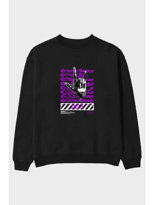 Ankhises Criminal Damage 2 Ön Baskılı Siyah Oversize Sweatshirt Erkek Kadın Bisiklet Yaka