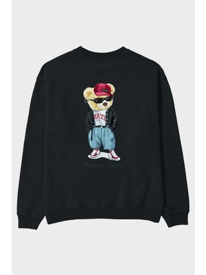 Ankhises Teddy Bear Hiphop Style Arka Baskılı Siyah Oversize Sweatshirt Erkek Kadın Bisiklet Yaka