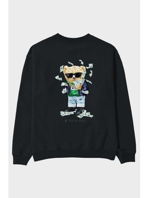 Ankhises Teddy Bear Rich Boy Arka Baskılı Siyah Oversize Sweatshirt Erkek Kadın Bisiklet Yaka