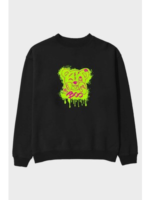 Ankhises Boo  Bear Ön Baskılı Siyah Oversize Sweatshirt Erkek Kadın Bisiklet Yaka
