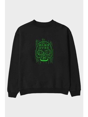 Ankhises Game Over Ön Baskılı Siyah Oversize Sweatshirt Erkek Kadın Bisiklet Yaka