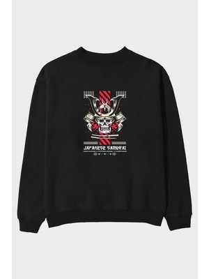 Ankhises Japanese Samurai Ön Baskılı Siyah Oversize Sweatshirt Erkek Kadın Bisiklet Yaka