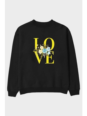Ankhises Love Flower Ön Baskılı Siyah Oversize Sweatshirt Erkek Kadın Bisiklet Yaka