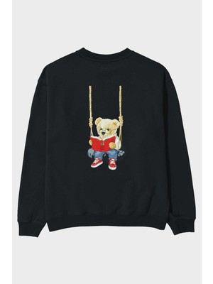 Ankhises Teddy Bear Enjoy Reading Arka Baskılı Siyah Oversize Sweatshirt Erkek Kadın Bisiklet Yaka