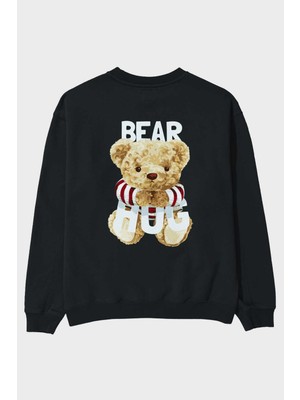 Ankhises Teddy Bear Hug Arka Baskılı Siyah Oversize Sweatshirt Erkek Kadın Bisiklet Yaka