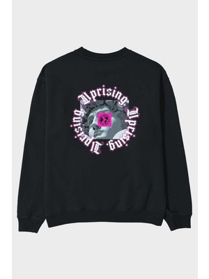 Ankhises Uprising Arka Baskılı Siyah Oversize Sweatshirt Erkek Kadın Bisiklet Yaka