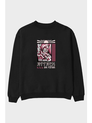 Ankhises Attack Of Titan Ön Baskılı Siyah Oversize Sweatshirt Erkek Kadın Bisiklet Yaka