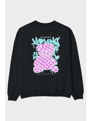 Ankhises Young And Always Cool Bear Arka Baskılı Siyah Oversize Sweatshirt Erkek Kadın Bisiklet Yaka