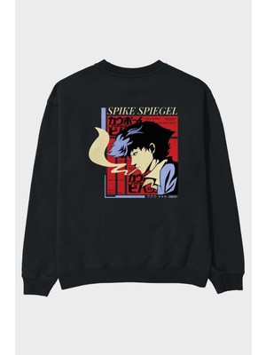 Ankhises Spike Spiegel Arka Baskılı Siyah Oversize Sweatshirt Erkek Kadın Bisiklet Yaka