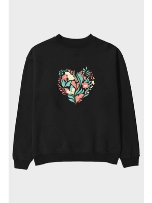 Ankhises Çiçek Kalp Ön Baskılı Siyah Oversize Sweatshirt Erkek Kadın Bisiklet Yaka