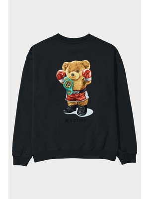 Ankhises Teddy Bear Victory Arka Baskılı Siyah Oversize Sweatshirt Erkek Kadın Bisiklet Yaka