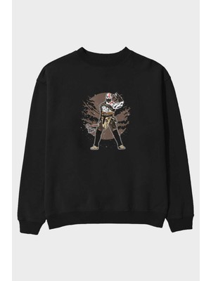 Ankhises God Of War Ön Baskılı Siyah Oversize Sweatshirt Erkek Kadın Bisiklet Yaka
