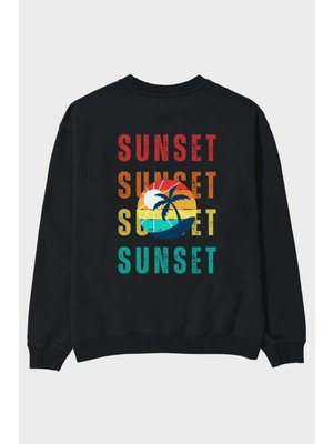 Ankhises Sunset Yazılı Arka Baskılı Siyah Oversize Sweatshirt Erkek Kadın Bisiklet Yaka