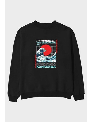 Ankhises Kanagawa Ön Baskılı Siyah Oversize Sweatshirt Erkek Kadın Bisiklet Yaka