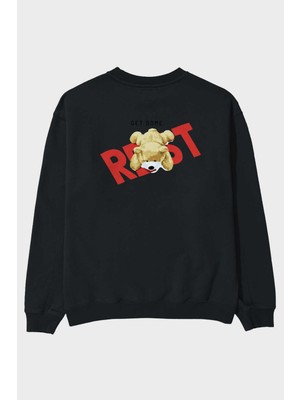 Ankhises Teddy Bear Rest Arka Baskılı Siyah Oversize Sweatshirt Erkek Kadın Bisiklet Yaka