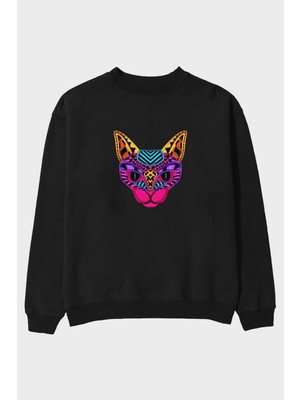 Ankhises Black Neon Cat Ön Baskılı Siyah Oversize Sweatshirt Erkek Kadın Bisiklet Yaka