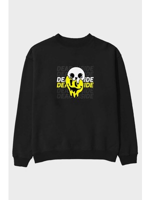 Ankhises Dead Inside Yazılı Ön Baskılı Siyah Oversize Sweatshirt Erkek Kadın Bisiklet Yaka