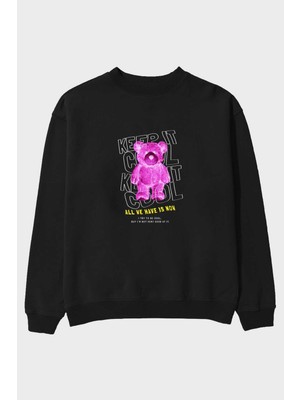 Ankhises Keep It Cool Bear Ön Baskılı Siyah Oversize Sweatshirt Erkek Kadın Bisiklet Yaka