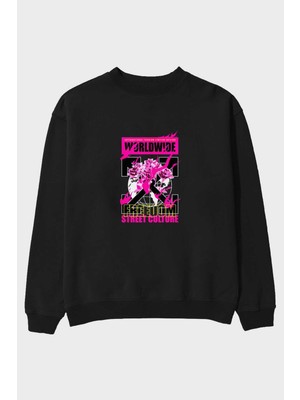 Ankhises Freedom Street Culture Ön Baskılı Siyah Oversize Sweatshirt Erkek Kadın Bisiklet Yaka