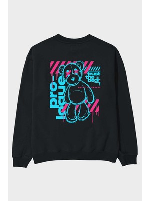 Ankhises Trust The Bear Arka Baskılı Siyah Oversize Sweatshirt Erkek Kadın Bisiklet Yaka