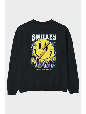 Ankhises Smilley Streetwear Arka Baskılı Siyah Oversize Sweatshirt Erkek Kadın Bisiklet Yaka