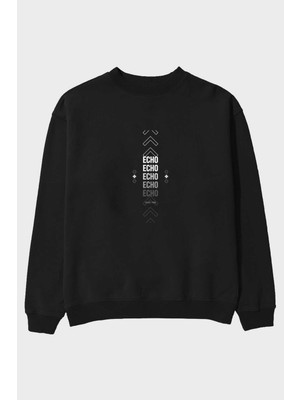 Ankhises Echo Yazılı Ön Baskılı Siyah Oversize Sweatshirt Erkek Kadın Bisiklet Yaka