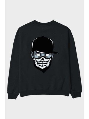 Ankhises Skull Mask Arka Baskılı Siyah Oversize Sweatshirt Erkek Kadın Bisiklet Yaka