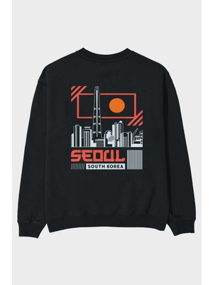 Ankhises Seoul Arka Baskılı Siyah Oversize Sweatshirt Erkek Kadın Bisiklet Yaka
