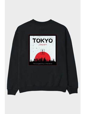 Ankhises Tokyo Japan Yazılı Arka Baskılı Siyah Oversize Sweatshirt Erkek Kadın Bisiklet Yaka