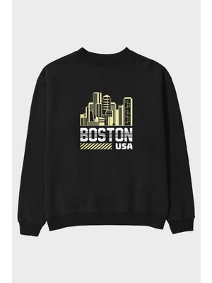 Ankhises Boston 2 Ön Baskılı Siyah Oversize Sweatshirt Erkek Kadın Bisiklet Yaka