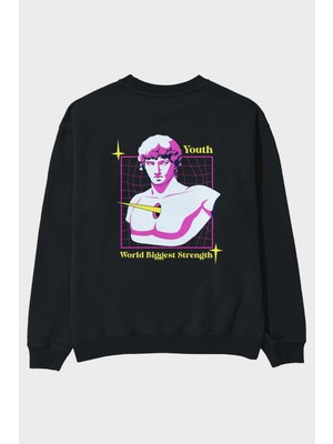 Ankhises Youth Arka Baskılı Siyah Oversize Sweatshirt Erkek Kadın Bisiklet Yaka